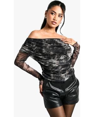 Boohoo Leopard Print Mesh Drape Front Long Sleeve Top - Black