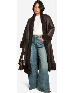 Boohoo Petite Teddy Trim Belted Faux Leather Coat - Brown