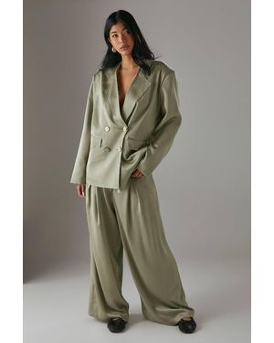 Warehouse Relaxed Satin Wide Leg Pants With Raw Edge Waistband - Green