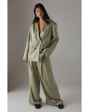 Warehouse Relaxed Satin Wide Leg Pants With Raw Edge Waistband - Green