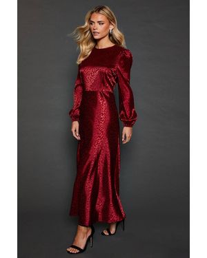 Dorothy Perkins Petite Satin Jacquard Empire Long Sleeve Midi Dress - Red