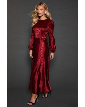 Dorothy Perkins Petite Satin Jacquard Empire Long Sleeve Midi Dress - Red