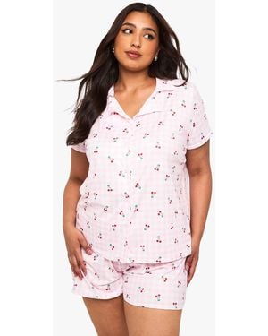 Boohoo Plus Gingham Cherry Print Short Sleeve & Short Pj Set - White