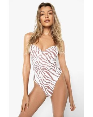 Boohoo Tiger Underwired Strappy Swimsuit - White