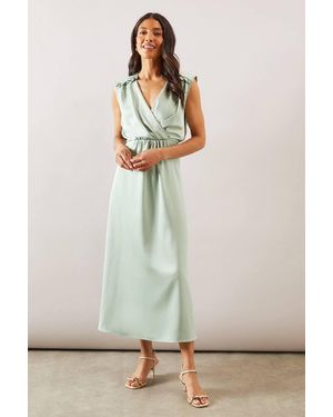 Wallis Satin Wrap Gauged Dress - Green