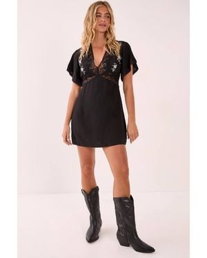 Nasty Gal Floral Embroidered Lace Cutwork Plunge Mini Dress - Black