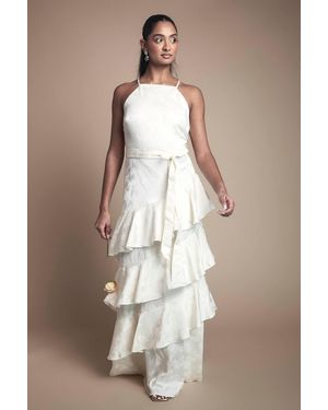 Oasis Satin Jacquard Ruffle Halter Neck Bridesmaid Dress - Gray