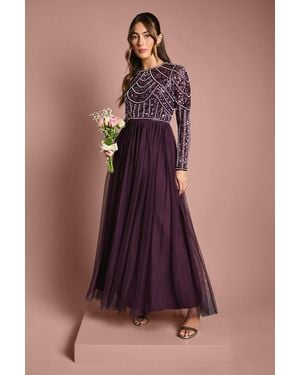 Coast Honoured Long Sleeve Sequin Bodice Tulle Skirt Maxi Bridesmaid Dress - Purple