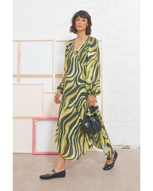 Warehouse Tony Chiffon Plunge Neck Asymmetric Hem Midi Dress - Green