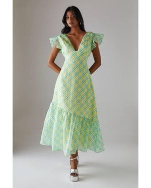 Warehouse Flannel Organza Plunge Neck Frill Shoulder Midi Dress - Green