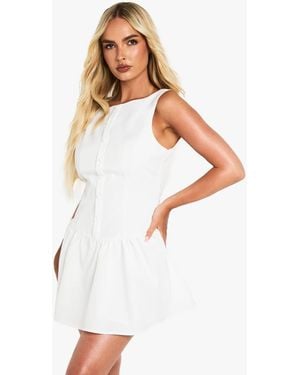 Boohoo Slash Neck Button Detail Mini Dress - White