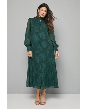 Wallis High Neck Jacquard Tie Back Midi Dress - Green
