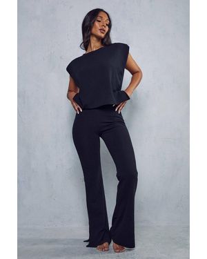 MissPap Ribbed Boxy Side Split Top & Flare Trouser Lounge Set - Blue