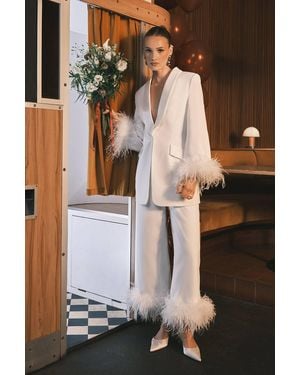 Coast Feather Trim Single Breasted Tux Style Wedding Blazer - White