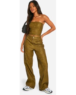 Boohoo Washed Faux Leather Straight Leg Pants - Green