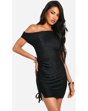 Boohoo Slash Neck Textured Rib Mini Dress - Black