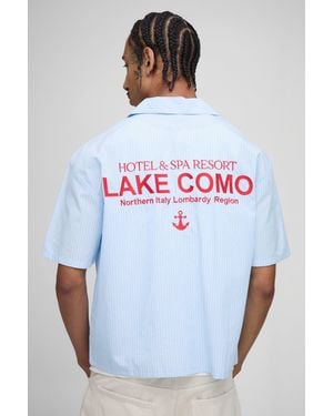 BoohooMAN Oversized Boxy Revere Lake Como Embroidered Stripe Shirt - Blue
