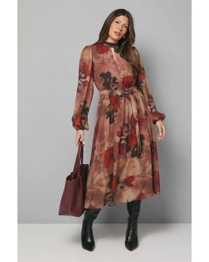 Wallis Floral Stud Trim Midi Dress - Brown