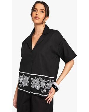 Boohoo Embroidered Trim Cotton Poplin Shirt - Black