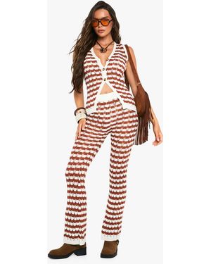 Boohoo Stripe Crochet Knitted Wide Leg Trouser - Red