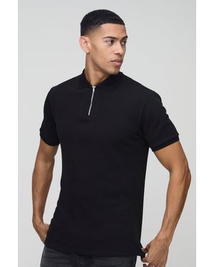 BoohooMAN Slim Fit Smart Pique Interlock Zip Polo Shirt - Black