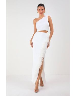 MissPap One Shoulder Top & Faux Feather Skirt Co-Ord - White