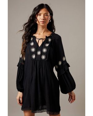 Warehouse Cheesecloth Embroidered Trim Insert Mini Dress - Brown