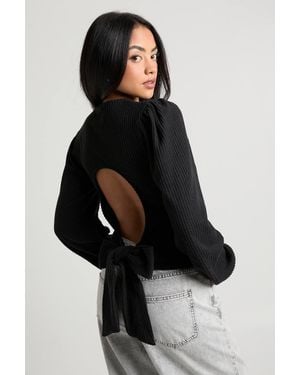 Boohoo Brushed Rib Tie Back Detail Long Sleeve Top - Black