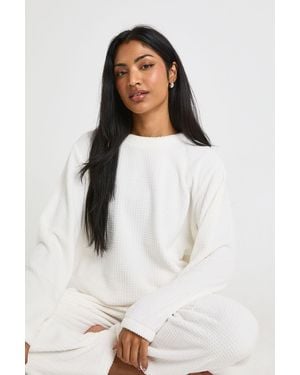 Boohoo Waffle Fleece Jumper & Joggers Lounge Set - Blanco