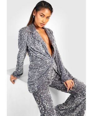 Boohoo Velvet Sequin Plunge Front Blazer - Gray