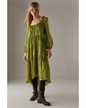 Warehouse Snake Shadow Stripe Ruffle Square Neck Smock Midi Dress - Green
