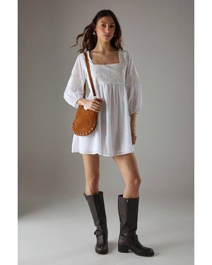 Warehouse Tablecloth Trim Square Neck Mini Smock Dress - Gray