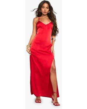 Boohoo Satin Plunge Front Split Leg Maxi Dress - Red