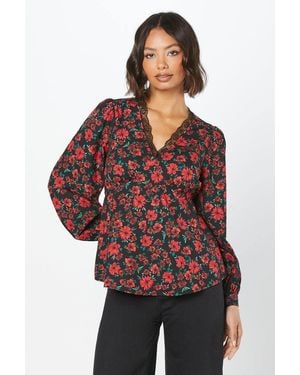 Dorothy Perkins Floral Lace Trim V Neck Blouse - Red