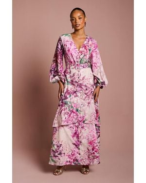 Coast Petite Long Sleeve Chiffon Midaxi Dress With Belt - Pink