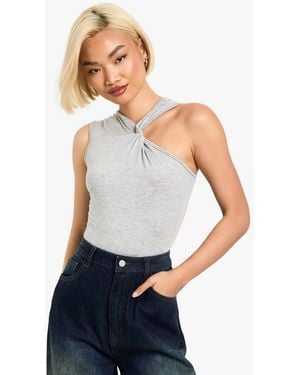 Boohoo Twist Racer Neck Sleeveless Marl Bodysuit - White