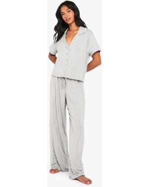Boohoo Petite Premium Modal Piping Detail Short Sleeve Shirt & Pants Pajama Set - Gray