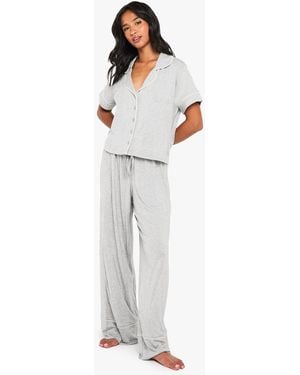 Boohoo Petite Premium Modal Piping Detail Short Sleeve Shirt & Pants Pajama Set - Gray