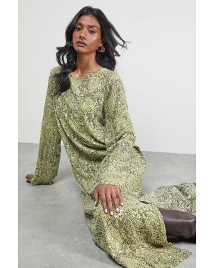 Warehouse Sequin Column Midi Dress - Green
