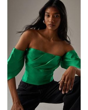 Warehouse Structured Pleat Detail Bardot Top - Green