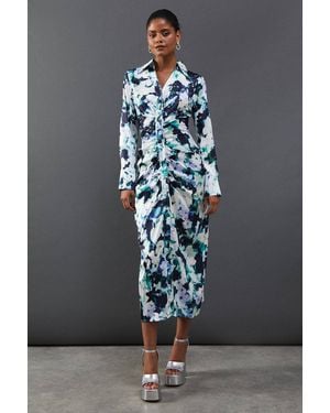 Warehouse Floral Satin Ruched Front Midi Shirt Dress - Gray