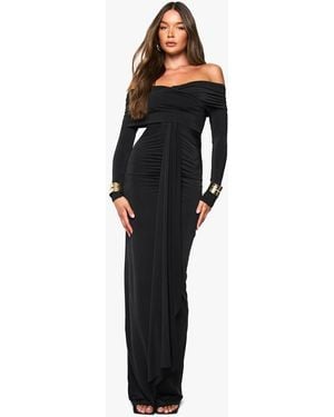 Boohoo Ruched Bardot Long Sleeve Maxi Dress - Black