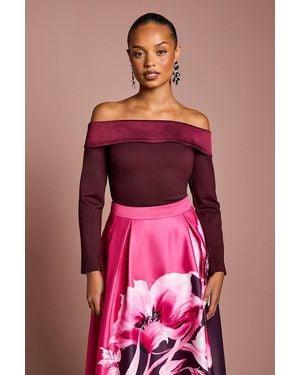 Coast Petite Satin Bardot Compact Crepe Long Sleeve Top - Red