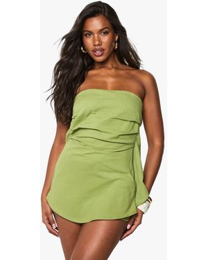 Boohoo Linen Ruched Bandeau Skort Playsuit - Green