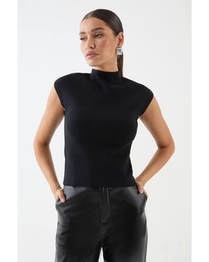 MissPap Premium High Neck Knitted Capped Sleeve Top - Black
