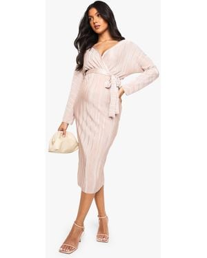 Boohoo Maternity Plisse Belted Midi Dress - Natural