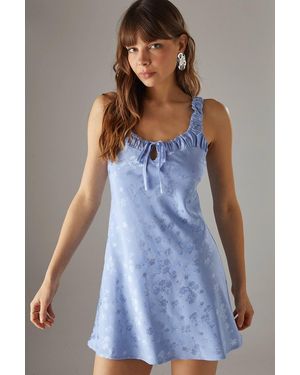 Warehouse Satin Jacquard Ruched Bust Tie Mini Slip Dress - Blue