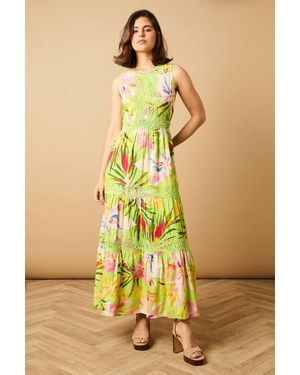 Oasis Printed Lace Detail Keyhole Tiered Maxi Dress - Yellow