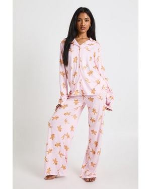 Boohoo Christmas Gingerbread Print Long Sleeve Shirt & Pants Pyjama Set - Pink