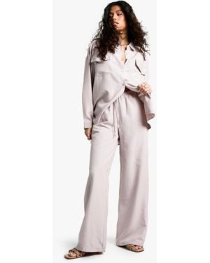 Boohoo Striped Peached Drawstring Waist Wide Leg Trouser - White